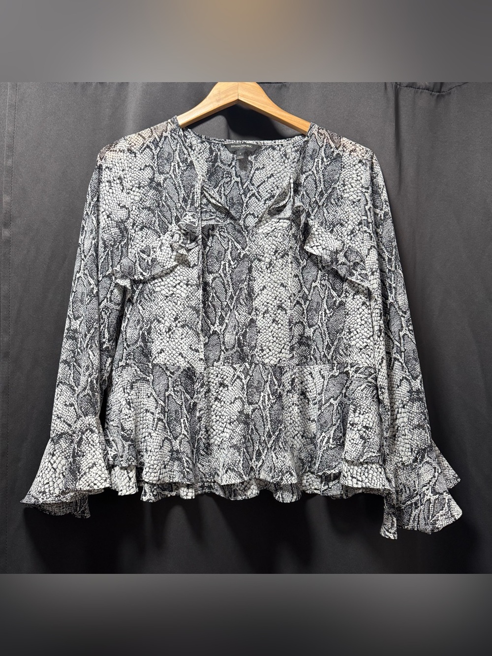 Banana Republic Sheer Snake Print Ruffle Long-Sleeve Blouse